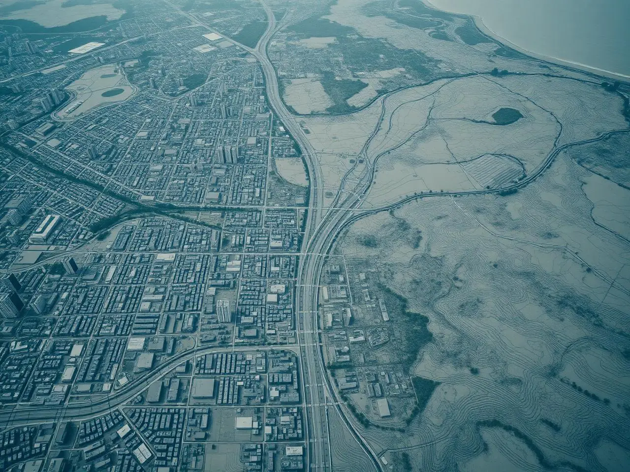 Aerial black-and-white topographic map where a dense city grid dissolves into open terrain.