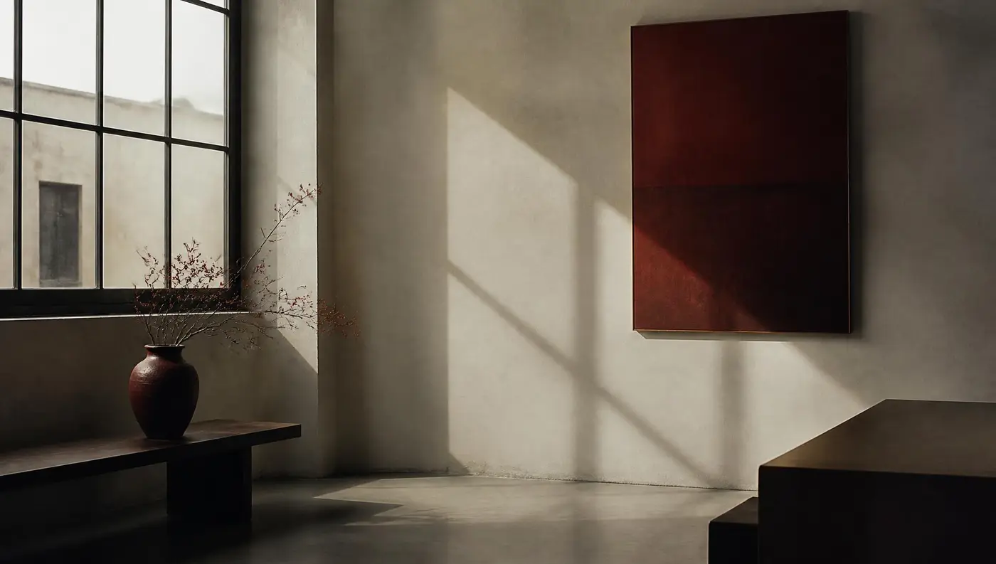 Minimal interior with soft window light and an oxblood canvas, symbolizing quiet awareness.