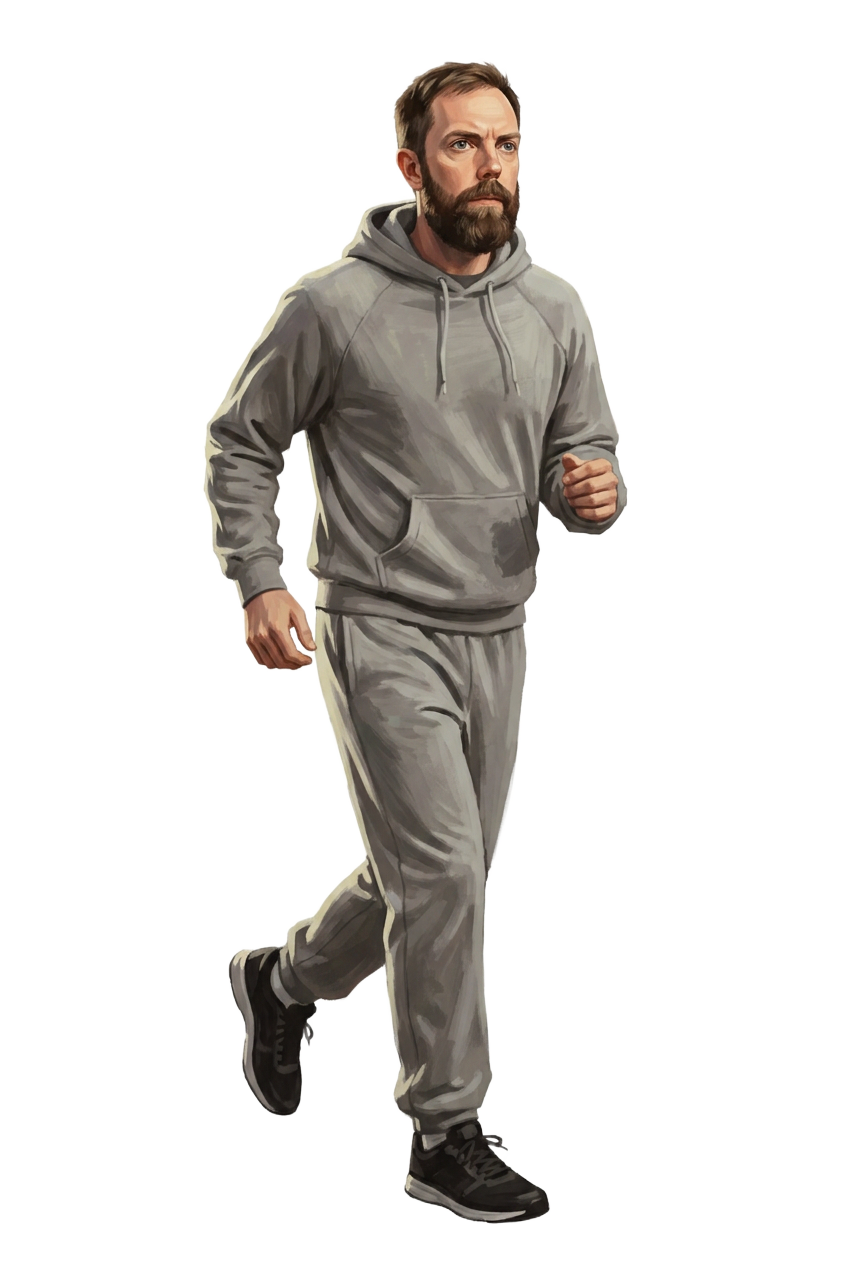 Kevin jogging in gray sweats