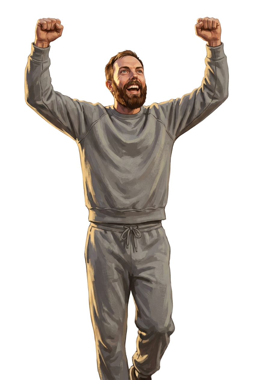 Kevin raising both fists in celebration