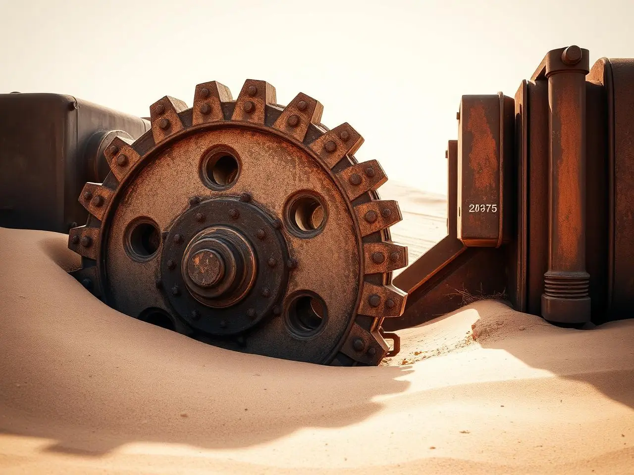 A monumental rusted industrial gear half-buried in desert sand under harsh light.
